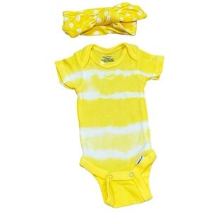 NEWBORN one piece with matching headband tie dye polka dots. Yellow and white.